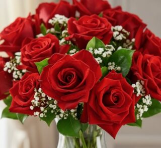 Primer plano extremo de un jarrón de rosas rojas frescas con gotas de rocío, hojas verdes y flores de aliento de bebé, resalt