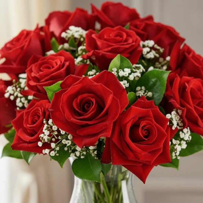 Primer plano extremo de un jarrón de rosas rojas frescas con gotas de rocío, hojas verdes y flores de aliento de bebé, resalt