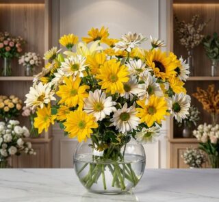 Jarron Floral Agatha con margaritas amarillas y blancas, girasoles y lirios, sobre marmol en floristeria premium.