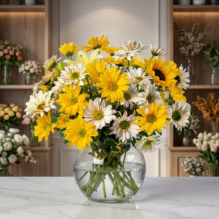 Jarron Floral Agatha con margaritas amarillas y blancas, girasoles y lirios, sobre marmol en floristeria premium.