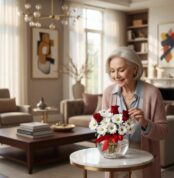 Mujer elegante de cabello plateado admira un Jarron Floral Antonietta con rosas rojas y margaritas blancas en un lujoso salón
