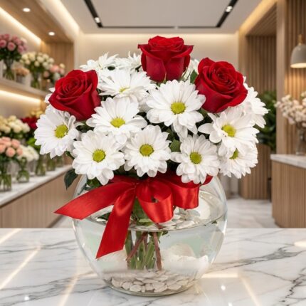 Jarron Floral Antonietta con rosas rojas vibrantes y margaritas blancas frescas, sobre una superficie de mármol en un entorno