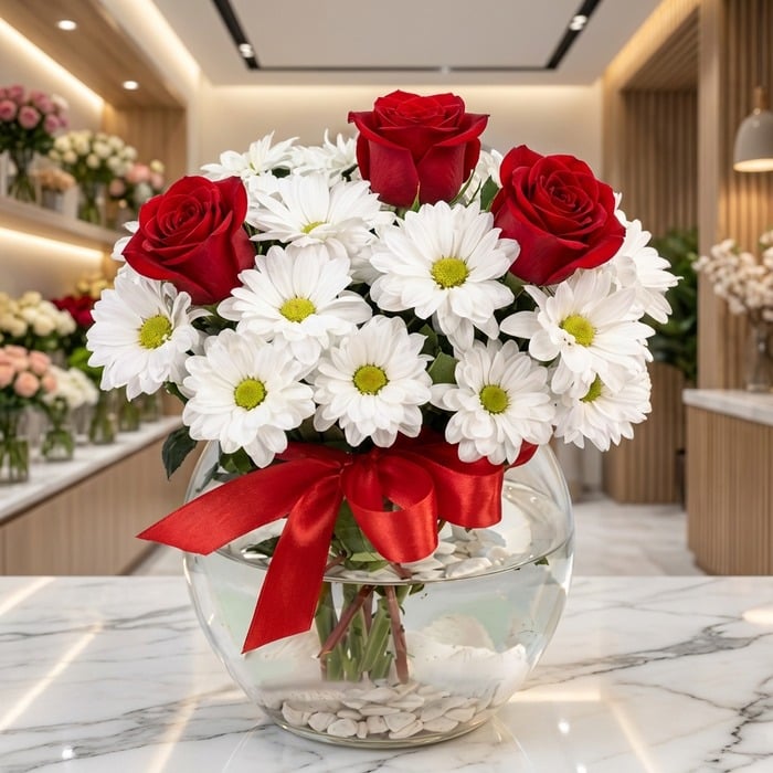 Jarron Floral Antonietta con rosas rojas vibrantes y margaritas blancas frescas, sobre una superficie de mármol en un entorno