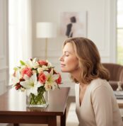 Mujer elegante oliendo un Jarron Floral Fabrizia con rosas rosadas, lirios blancos y claveles en un hogar de lujo.
