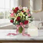Jarron Floral GIORGIA con rosas rojas, rosas rosadas y lirios blancos, sobre mesa de mármol con tarjeta de regalo y cinta ros