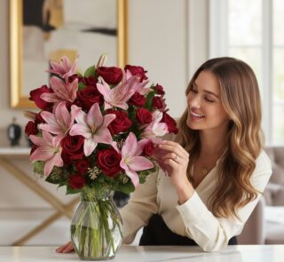 Mujer elegante admirando el Jarron Floral Nabila, un ramo majestuoso de 24 rosas rojas y lirios rosados en un jarrón de crist