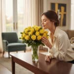 Mujer elegante admirando y oliendo un jarron floral PANDORA con 36 rosas amarillas de lujo en un hogar de alto diseño.