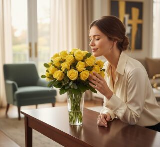 Mujer elegante admirando y oliendo un jarron floral PANDORA con 36 rosas amarillas de lujo en un hogar de alto diseño.