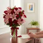 Manos delicadas colocando una tarjeta junto a un Jarron Floral Nabila con 24 rosas rojas y lirios rosados en un entorno de ho