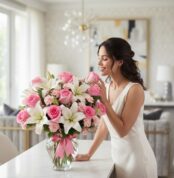 Mujer elegante admirando y oliendo un Jarron Floral Violeta con rosas rosadas y lirios blancos en un jarrón de cristal con la