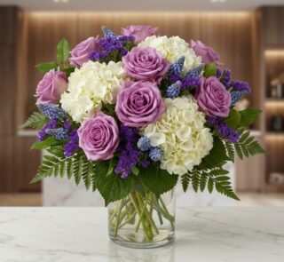 Jarron Floral VITTORIA con rosas lilas, hortensias blancas y muscaris azules, sobre una superficie de mármol en un entorno de