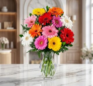 Jarrón de cristal transparente con un vibrante arreglo de gerberas en tonos rojos, naranjas, amarillos, rosas y blancos, sobr