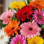 Primer plano extremo de gerberas multicolor con gotas de rocío, mostrando texturas hiperrealistas y colores vibrantes bajo lu