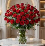 Impresionante jarrón GINEVRA con 80 rosas rojas frescas y exuberantes, dispuestas artísticamente para una declaración de amor