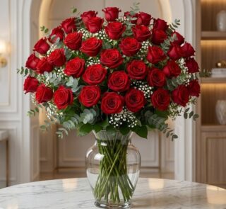 Impresionante jarrón GINEVRA con 80 rosas rojas frescas y exuberantes, dispuestas artísticamente para una declaración de amor
