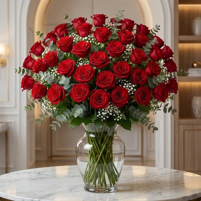 Impresionante jarrón GINEVRA con 80 rosas rojas frescas y exuberantes, dispuestas artísticamente para una declaración de amor