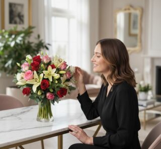 Mujer elegante admirando el Jarron Floral GIORGIA con rosas rojas, rosadas y lirios blancos en un lujoso interior de hogar co