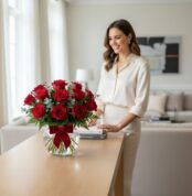 Mujer elegante admira Jarron Floral Graziella con 12 rosas rojas y moño, en un lujoso interior de hogar con luz natural.