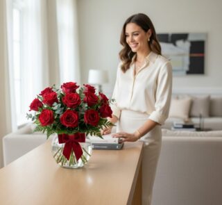 Mujer elegante admira Jarron Floral Graziella con 12 rosas rojas y moño, en un lujoso interior de hogar con luz natural.