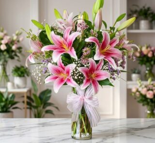 Jarrón de cristal con un exuberante arreglo de lirios rosas y blancos, follaje verde, y pequeñas flores moradas y blancas, at