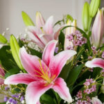 Primer plano extremo de un jarrón con lirios rosas y blancos, mostrando texturas hiperrealistas, gotas de rocío sutiles y col