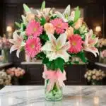 Jarrón Primavera con un exuberante arreglo floral de lirios blancos, gerberas rosas y rosas melocotón, sobre una superficie d