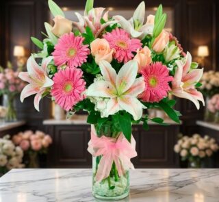 Jarrón Primavera con un exuberante arreglo floral de lirios blancos, gerberas rosas y rosas melocotón, sobre una superficie d