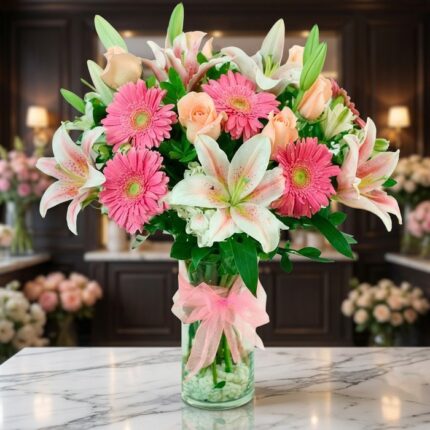 Jarrón Primavera con un exuberante arreglo floral de lirios blancos, gerberas rosas y rosas melocotón, sobre una superficie d