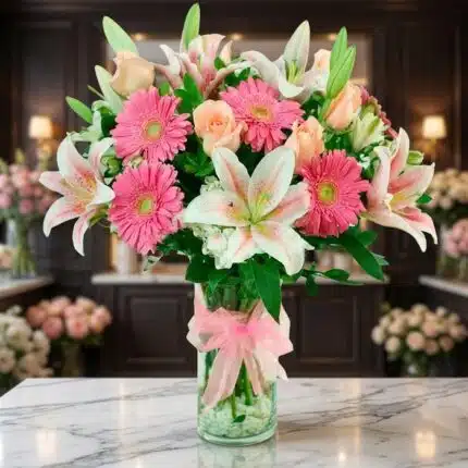 Jarrón Primavera con un exuberante arreglo floral de lirios blancos, gerberas rosas y rosas melocotón, sobre una superficie d