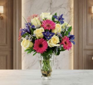 Jarrón Primavera con un vibrante arreglo floral de rosas blancas, gerberas fucsias y lirios morados, sobre una superficie de