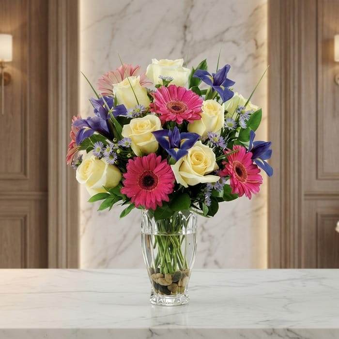 Jarrón Primavera con un vibrante arreglo floral de rosas blancas, gerberas fucsias y lirios morados, sobre una superficie de