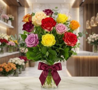 Jarron de Rosas CRISTINA con 12 rosas de colores surtidos, incluyendo rojo, amarillo, rosa, morado y naranja, sobre una super