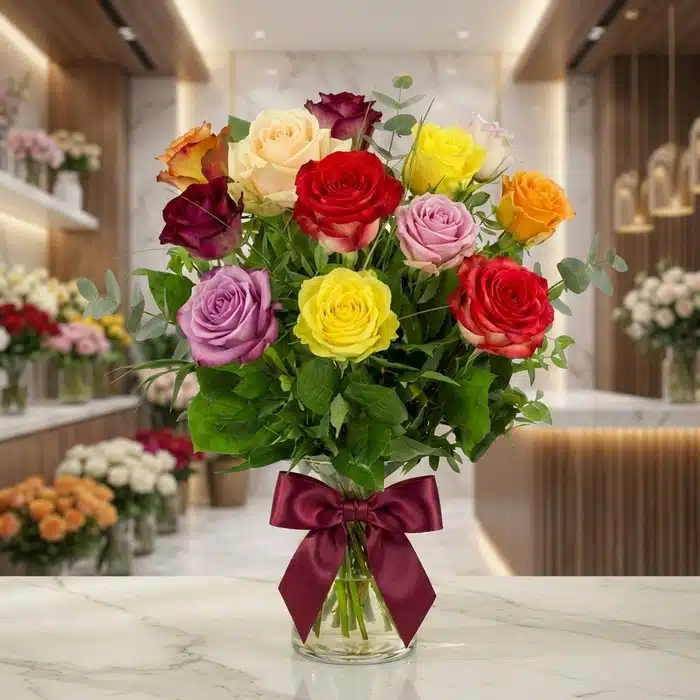 Jarron de Rosas CRISTINA: Elegancia en 12 Tonos Surtidos Jarron de Rosas CRISTINA con 12 rosas de colores surtidos, incluyendo rojo, amarillo, rosa, morado y naranja, sobre una super