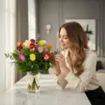 Mujer elegante admira un jarrón de rosas CRISTINA con 12 tonos surtidos, en un ambiente de hogar lujoso y desenfocado.