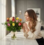 Mujer elegante admira un jarrón de rosas CRISTINA con 12 tonos surtidos, en un ambiente de hogar lujoso y desenfocado.