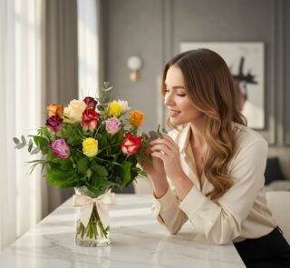 Mujer elegante admira un jarrón de rosas CRISTINA con 12 tonos surtidos, en un ambiente de hogar lujoso y desenfocado.