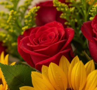 Primer plano extremo de un bouquet de rosas rojas y girasoles, con gotas de rocío sutiles y texturas hiperrealistas, bajo luz