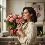 Mujer elegante con cabello oscuro y blusa color crema, sonriendo y oliendo un hermoso bouquet de 18 rosas rosadas atadas con