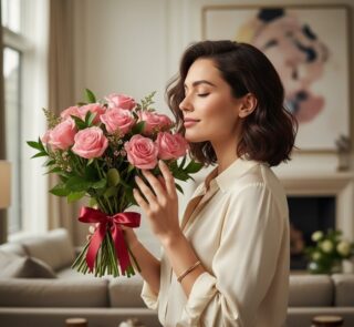 Mujer elegante con cabello oscuro y blusa color crema, sonriendo y oliendo un hermoso bouquet de 18 rosas rosadas atadas con