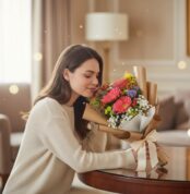 Mujer joven de cabello castaño, vestida con un suéter crema, inclinándose para oler un hermoso ramo de gerberas amarillas y f