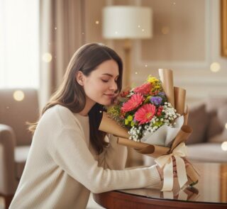 Mujer joven de cabello castaño, vestida con un suéter crema, inclinándose para oler un hermoso ramo de gerberas amarillas y f