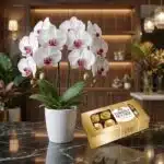 Arreglo floral exótico de orquídea blanca doble vara con centro morado y chocolates Ferrero Rocher en una superficie de mármo