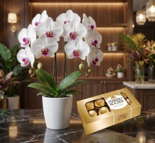 Arreglo floral exótico de orquídea blanca doble vara con centro morado y chocolates Ferrero Rocher en una superficie de mármo