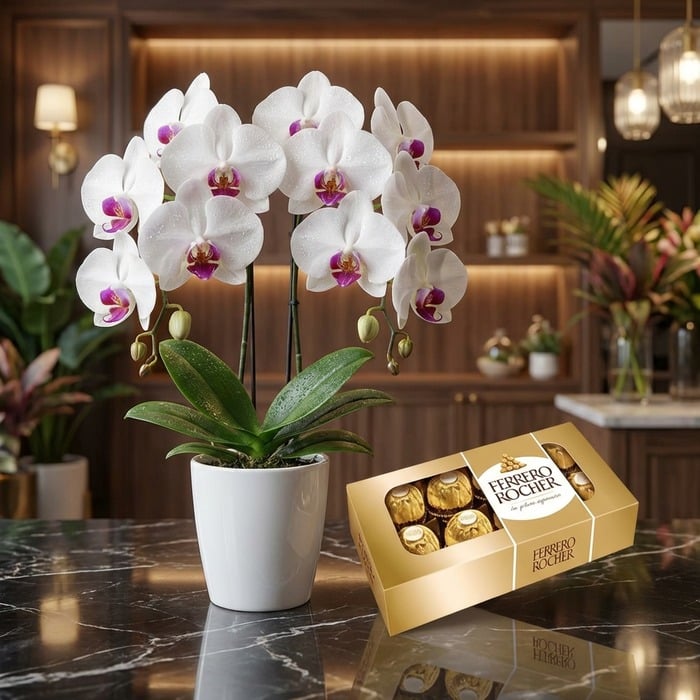 Orquídea ESTRELLA: Arreglo de Doble Vara con Chocolates Ferrero Arreglo floral exótico de orquídea blanca doble vara con centro morado y chocolates Ferrero Rocher en una superficie de mármo