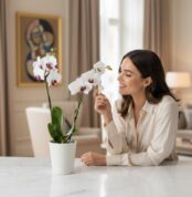 Mujer joven sonriendo y admirando de cerca una orquídea blanca de doble vara con centro morado, en una maceta blanca, sobre u
