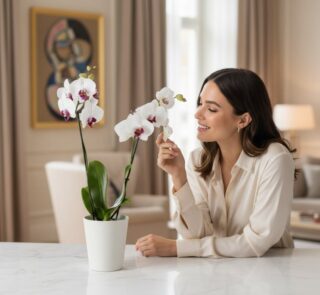 Mujer joven sonriendo y admirando de cerca una orquídea blanca de doble vara con centro morado, en una maceta blanca, sobre u