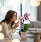 Mujer joven sonriente admirando de cerca una orquídea Phalaenopsis Antonella en maceta rosa, en un entorno de hogar lujoso y