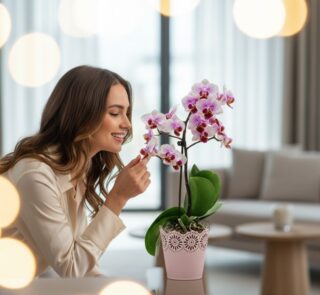 Mujer joven sonriente admirando de cerca una orquídea Phalaenopsis Antonella en maceta rosa, en un entorno de hogar lujoso y