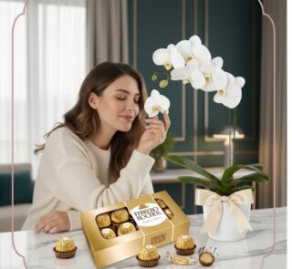Mujer joven y elegante admirando una orquídea Phalaenopsis blanca con chocolates Ferrero Rocher en un ambiente de hogar lujos