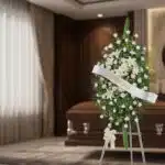 Pedestal floral conmemorativo Legado de Marcos, con rosas blancas, lirios y follaje, banda personalizada 'DRUMMOND', en sala